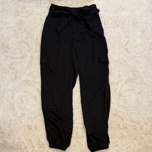 High-Waist Black Fancy Cargo Dress Pants with Tie Waist